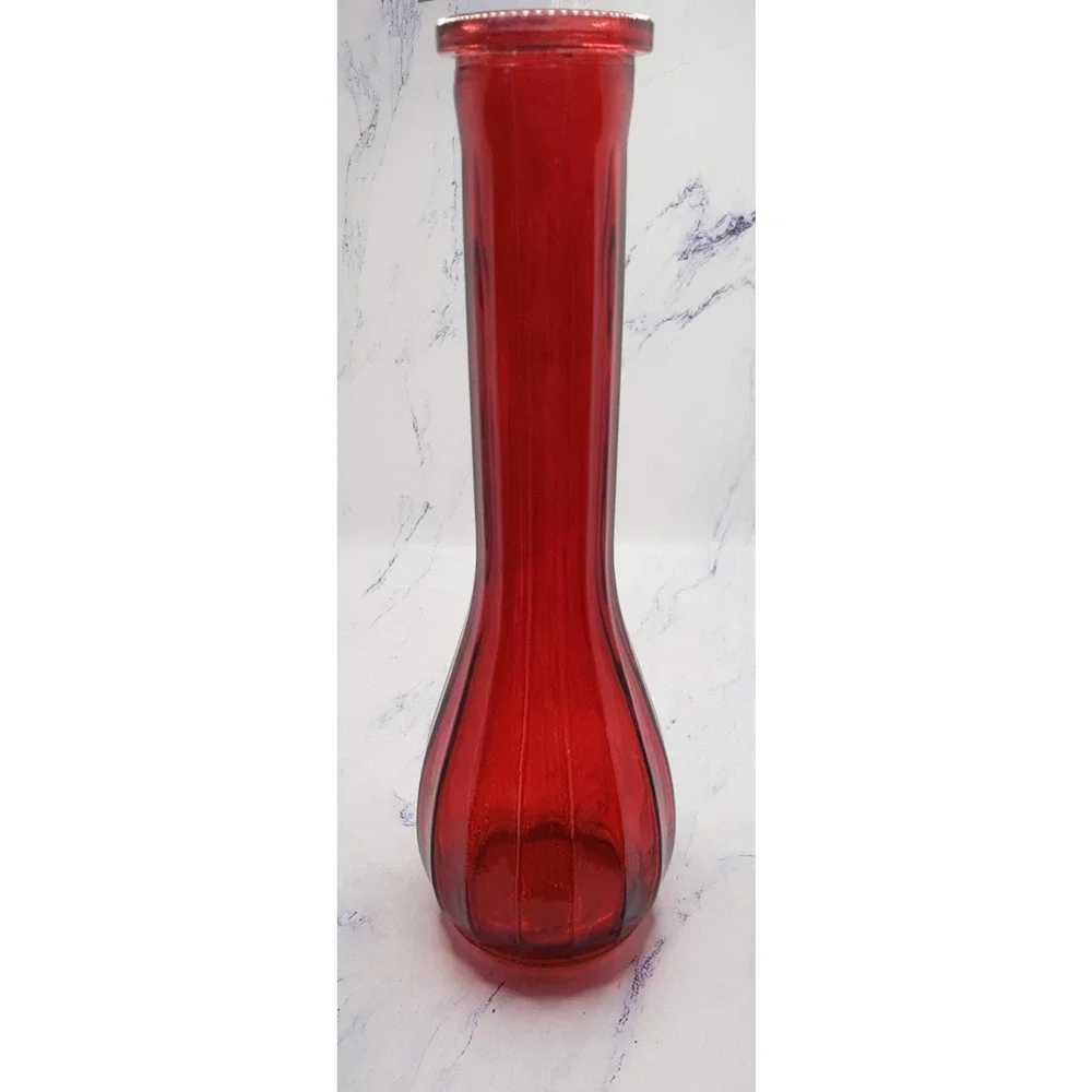Ribbed Red Ruby 9 Inch Tall Glass Bud Vase